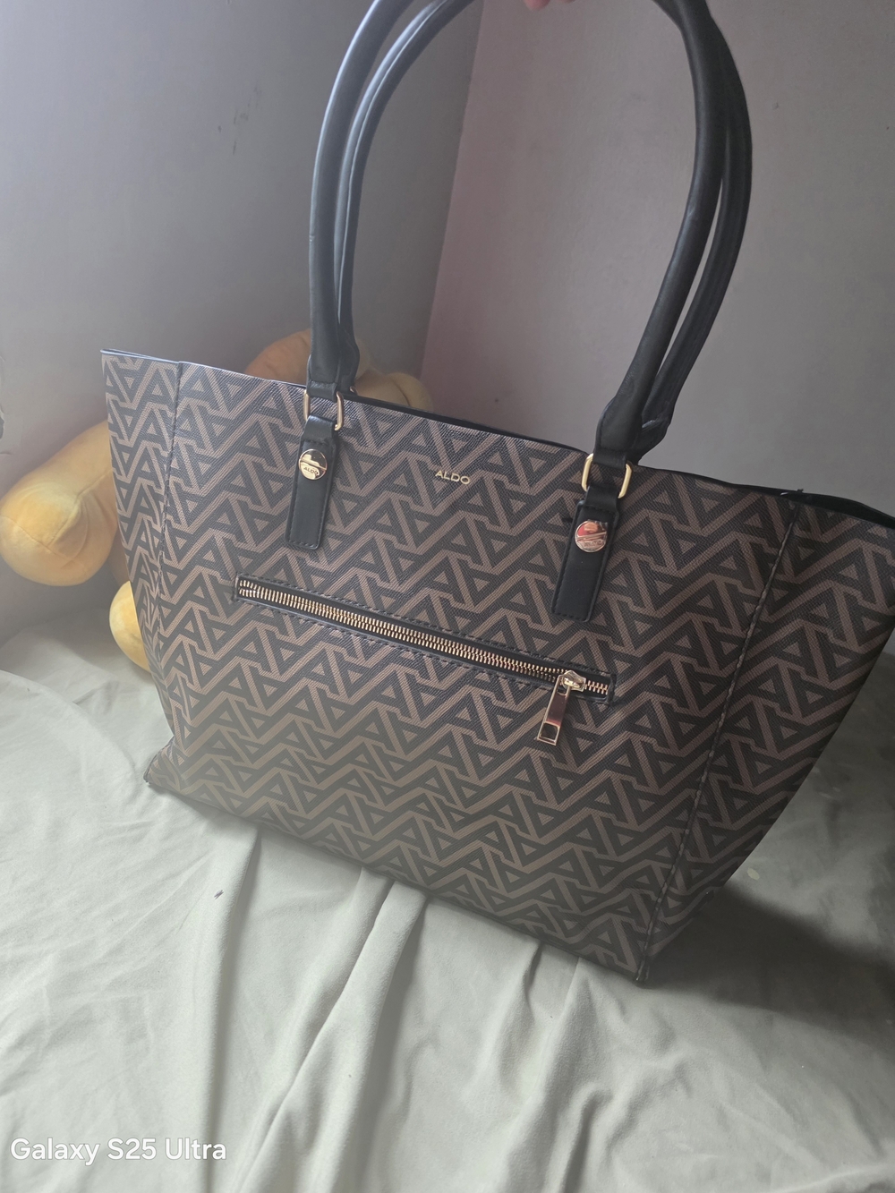 ALDO Brown Geometric Tote with Black Handles